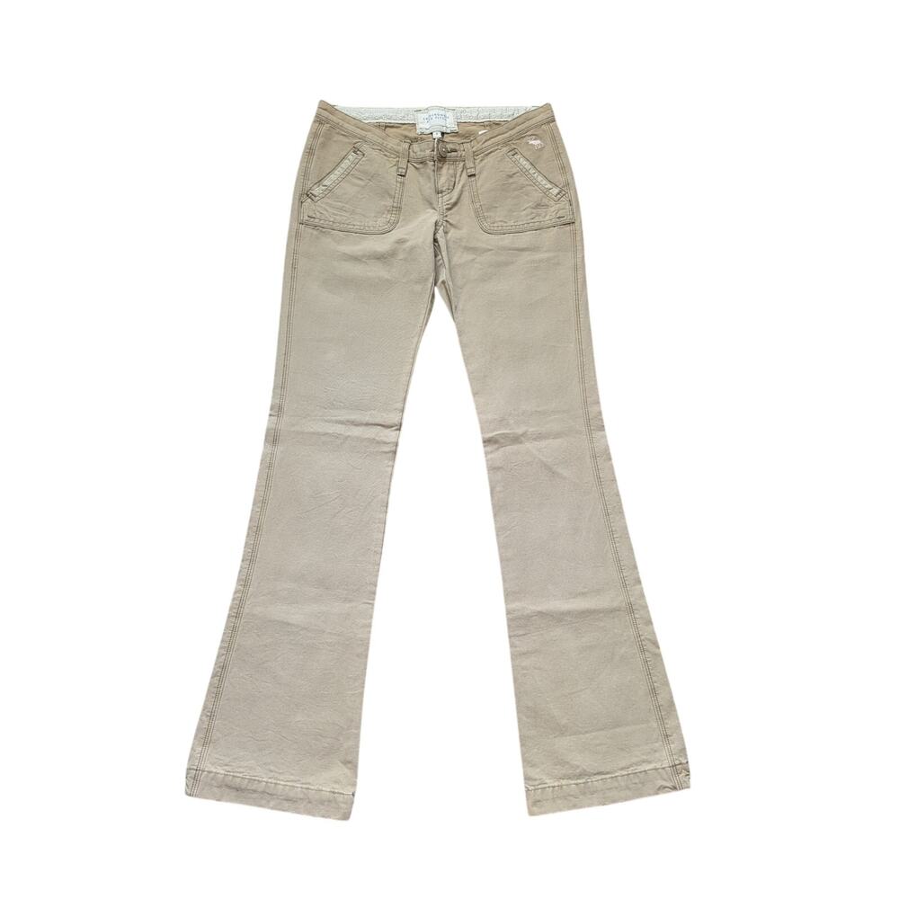 Y2K Abercrombie and Fitch Flare Pants Womens Sz 0 Beige VTG Low Rise Embroidered